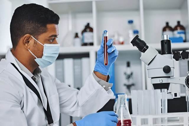 Pathologist examining a blood sample in the lab