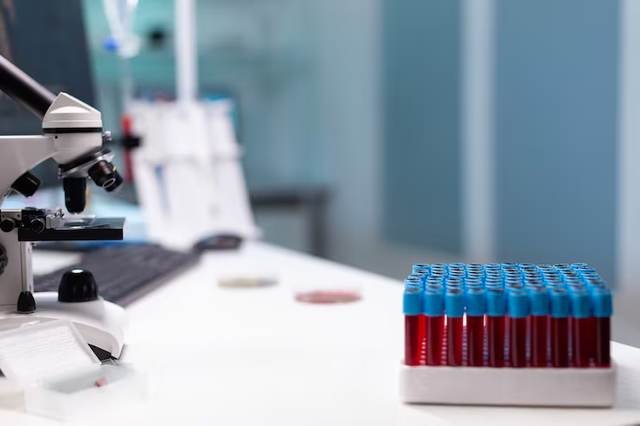Collected blood samples on the lab bench