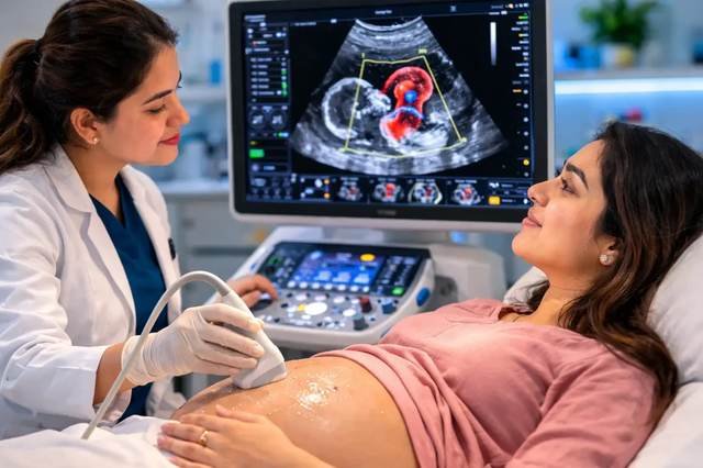 Obstetric ultrasound scan with the doctor and patient
